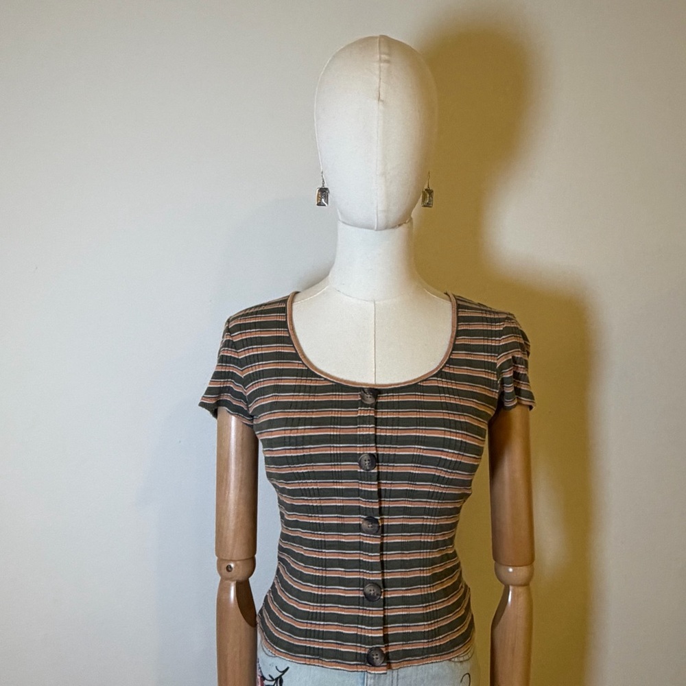 NWT American Eagle Striped Ribbed Button-Down Tee - XS